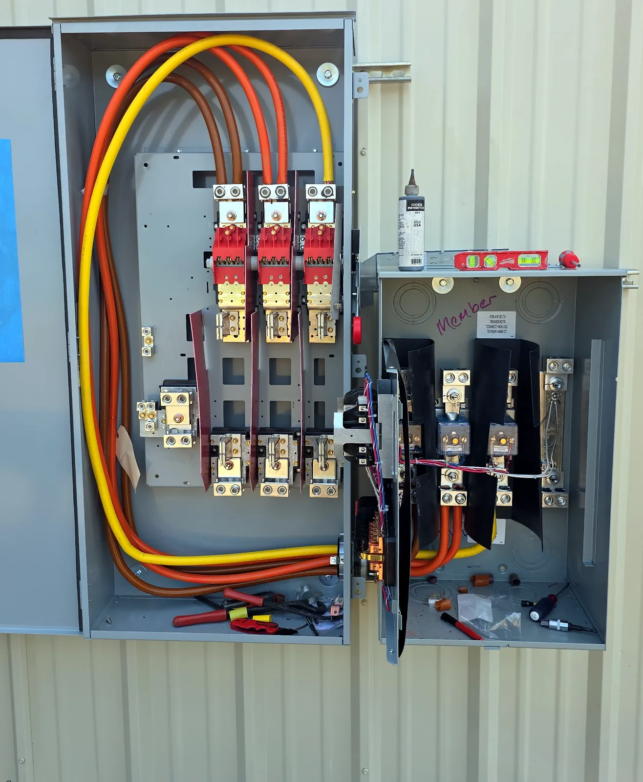 Commercial three-phase service disconnect and CT meter enclosure during installation