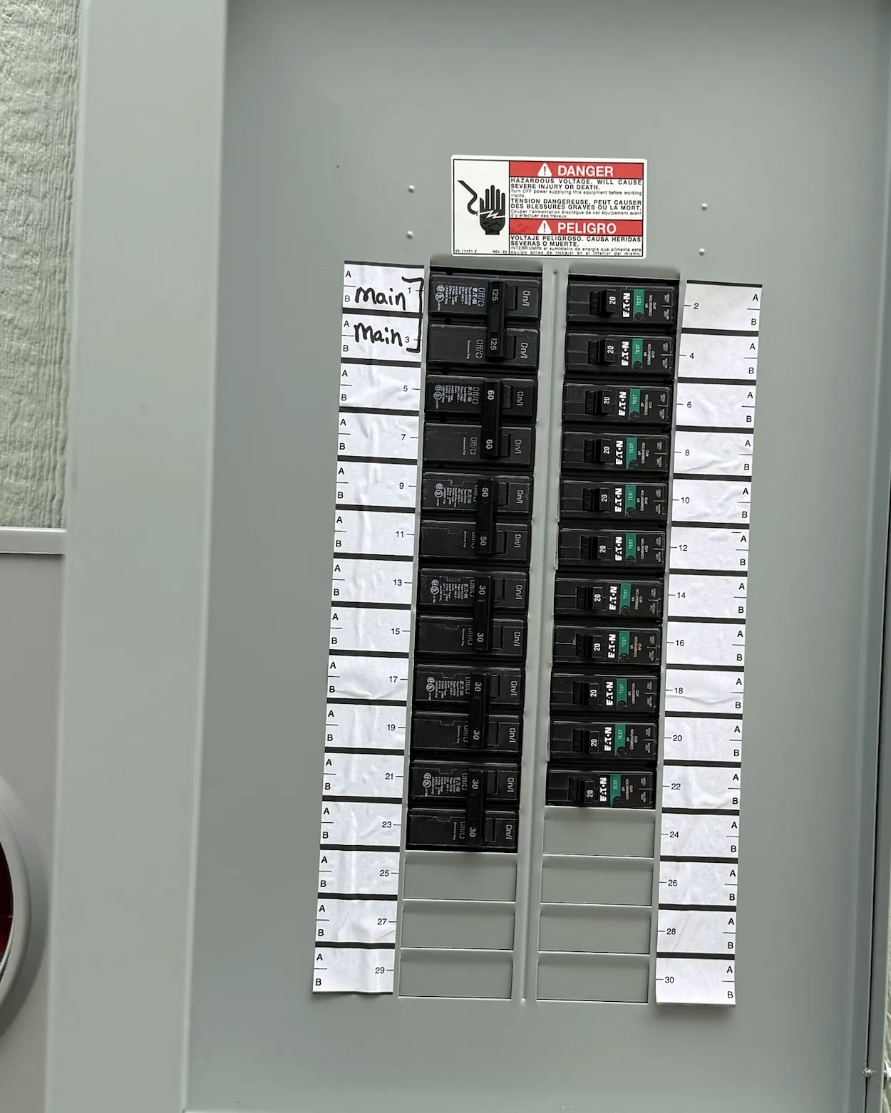New Eaton breaker panel with labeled main and AFCI breakers